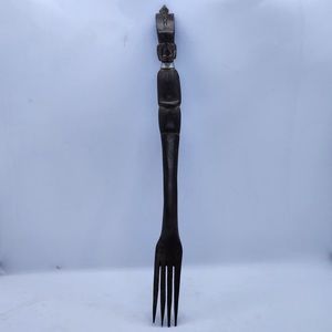 Vintage African wood hand curved decorative fork with silver neck embellishments